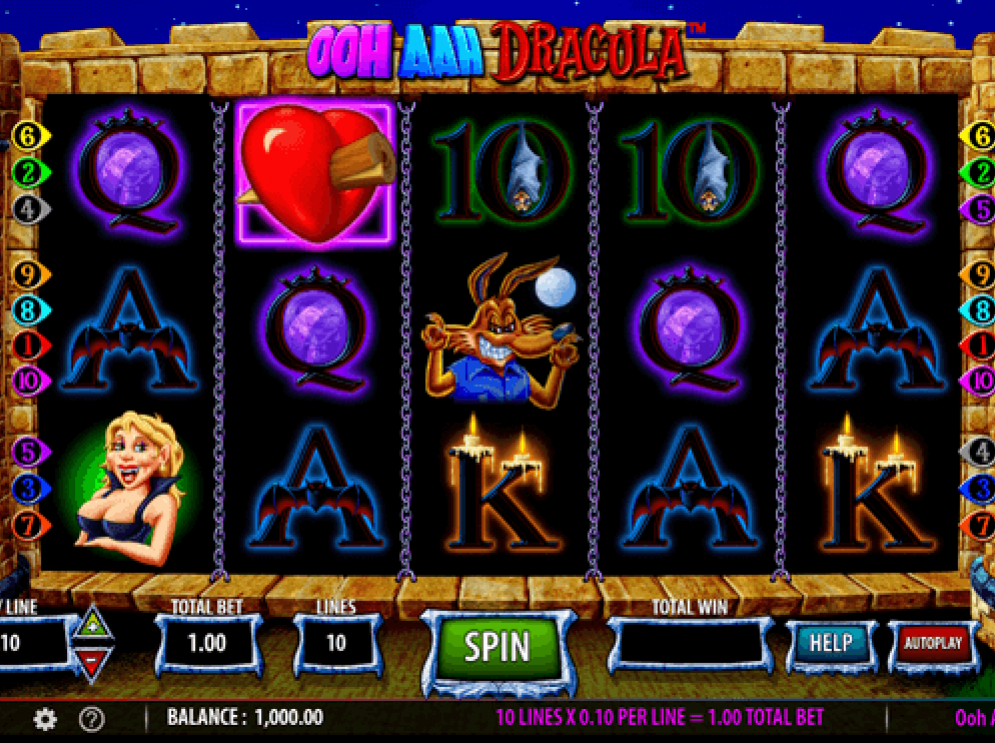 Skärmbild av spelgränssnittet i Ooh Aah Dracula, Barcrest / Light & Wonder