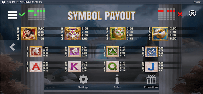 Elysian Gold slot symbol payouts