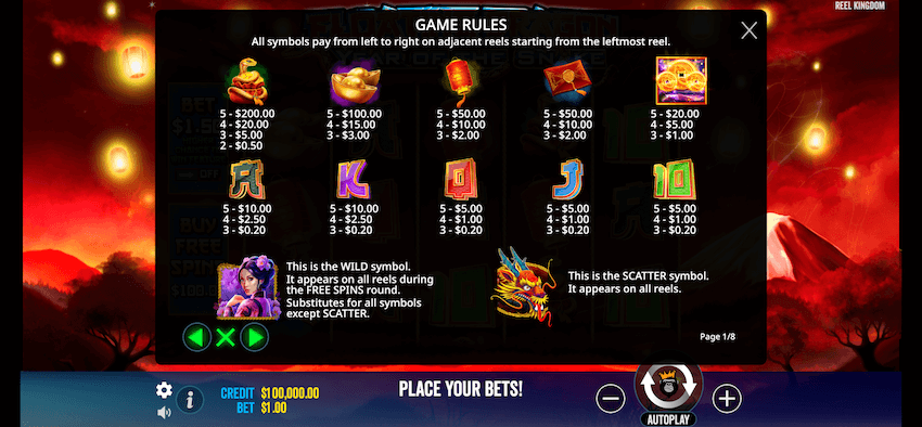 Floating Dragon Year of the Snake slot symbol payouts