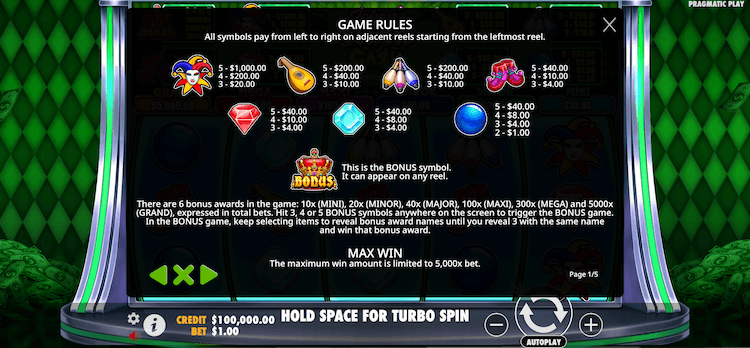 Joker's Jewels Cash slot symbol payouts