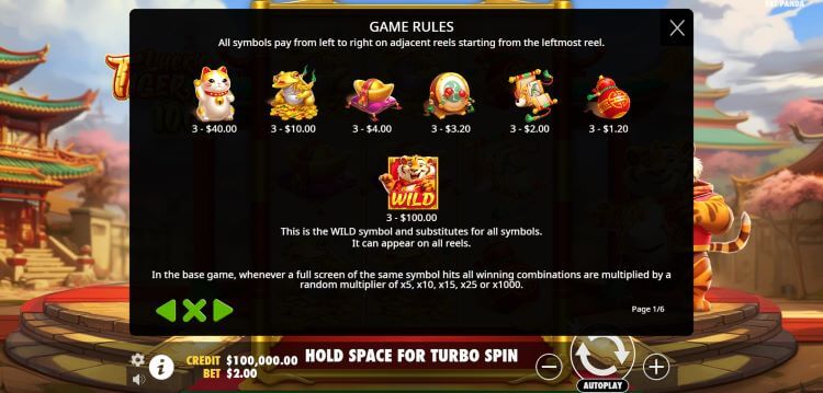 Lucky Tiger 1000 slot symbol payouts